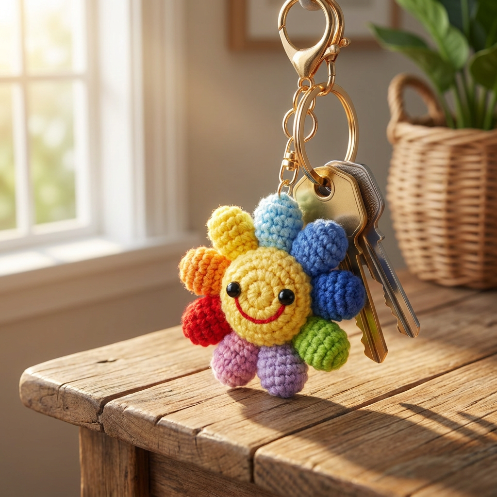 Handmade Rainbow Smiley Flower Keychain