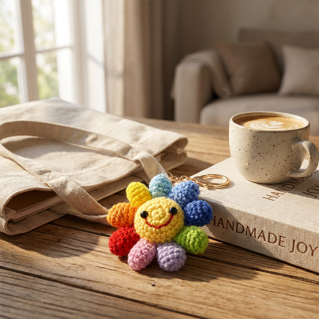 Handmade Rainbow Smiley Flower Keychain