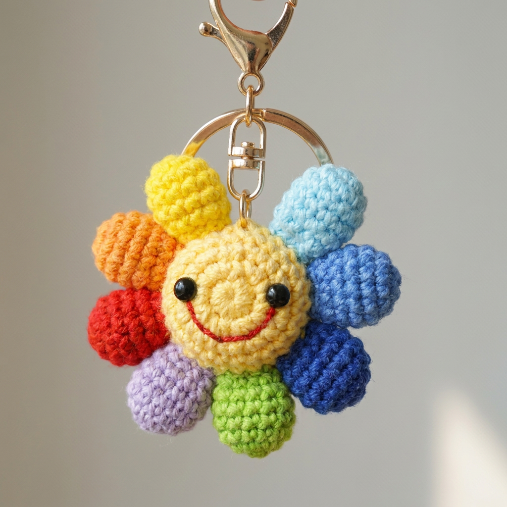 Handmade Rainbow Smiley Flower Keychain