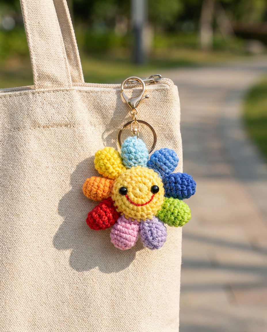 Handmade Rainbow Smiley Flower Keychain
